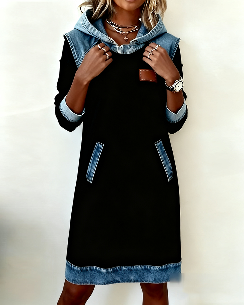Vestido Sudadera con Capucha y Paneles a Contraste