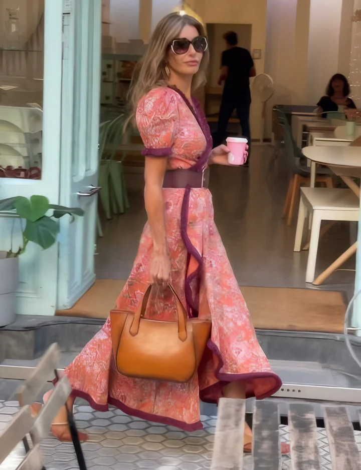 Vestido Maxi Rosa Elegante de Manga Corta