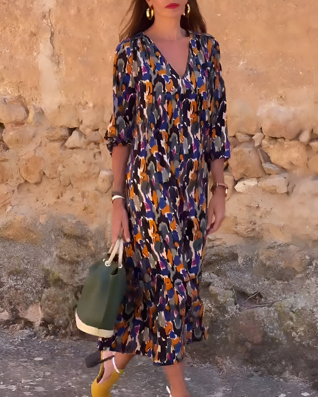 Vestido Con Cuello En V Estampado Retro Fluido