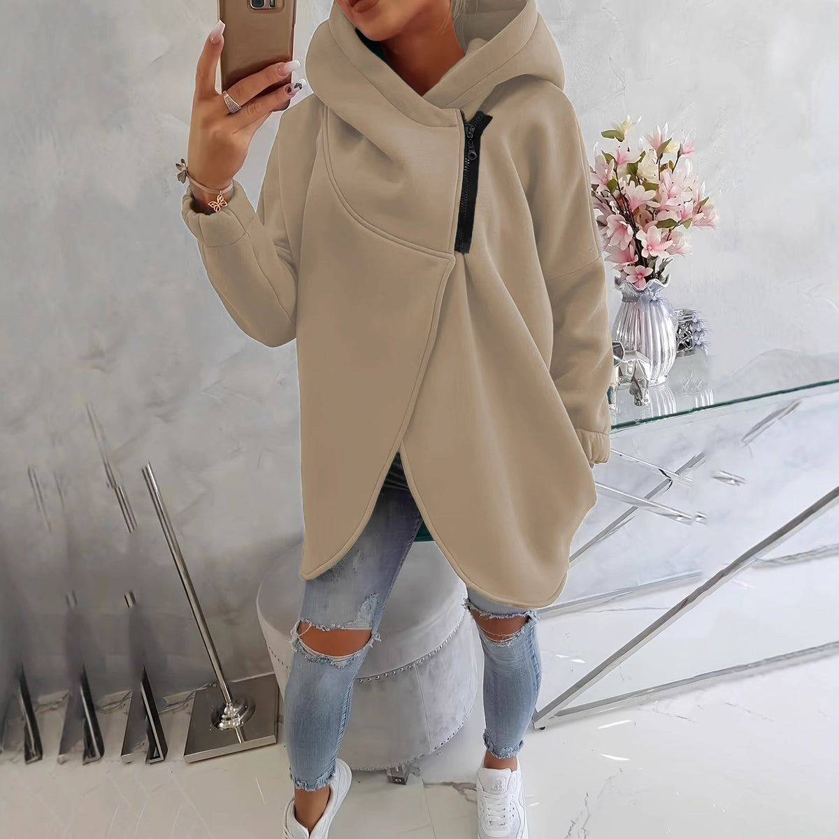 Sudadera de Forro Polar sin Esfuerzo para Mujer con Cuello Drapeado, Manga Larga, Bajo Asimétrico Tulipán y Estilo Relajado