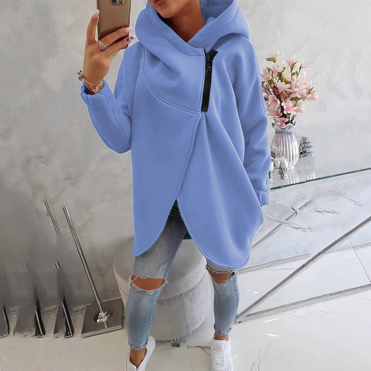 Sudadera de Forro Polar sin Esfuerzo para Mujer con Cuello Drapeado, Manga Larga, Bajo Asimétrico Tulipán y Estilo Relajado