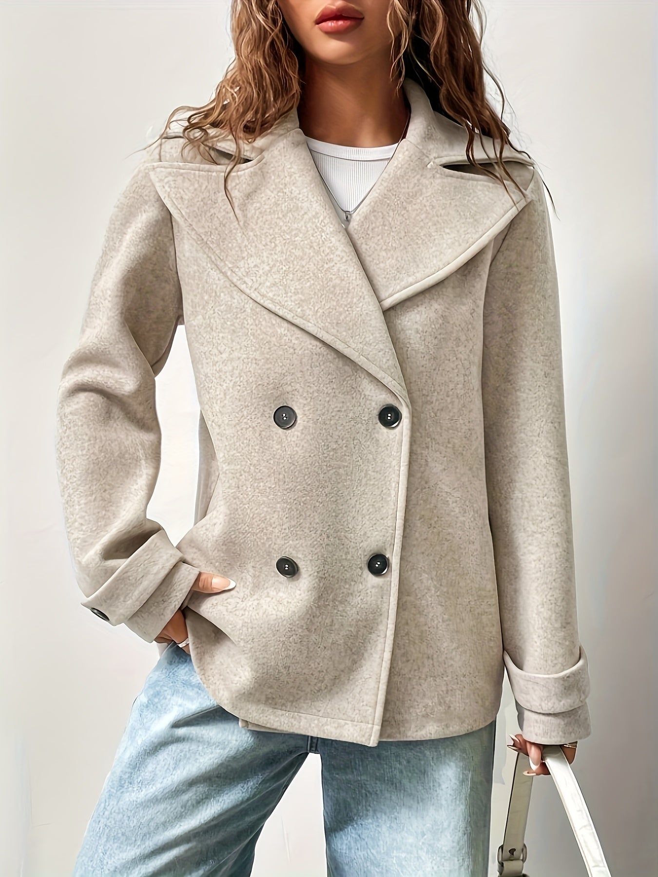 Marile / Elegante abrigo beige para mujer con solapas de muesca, manga larga, cierre cruzado de doble botonadura y corte oversize