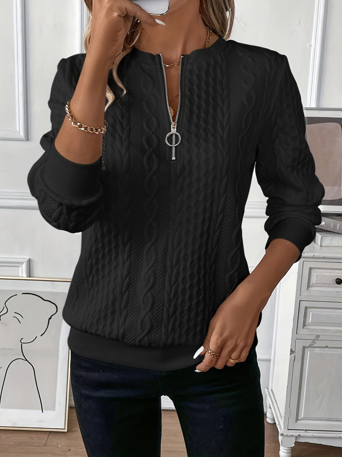 Jersey de Punto Trenzado Cómodo para Mujer con Cuello de Cremallera, Manga Larga y Estilo Relajado Texturizado
