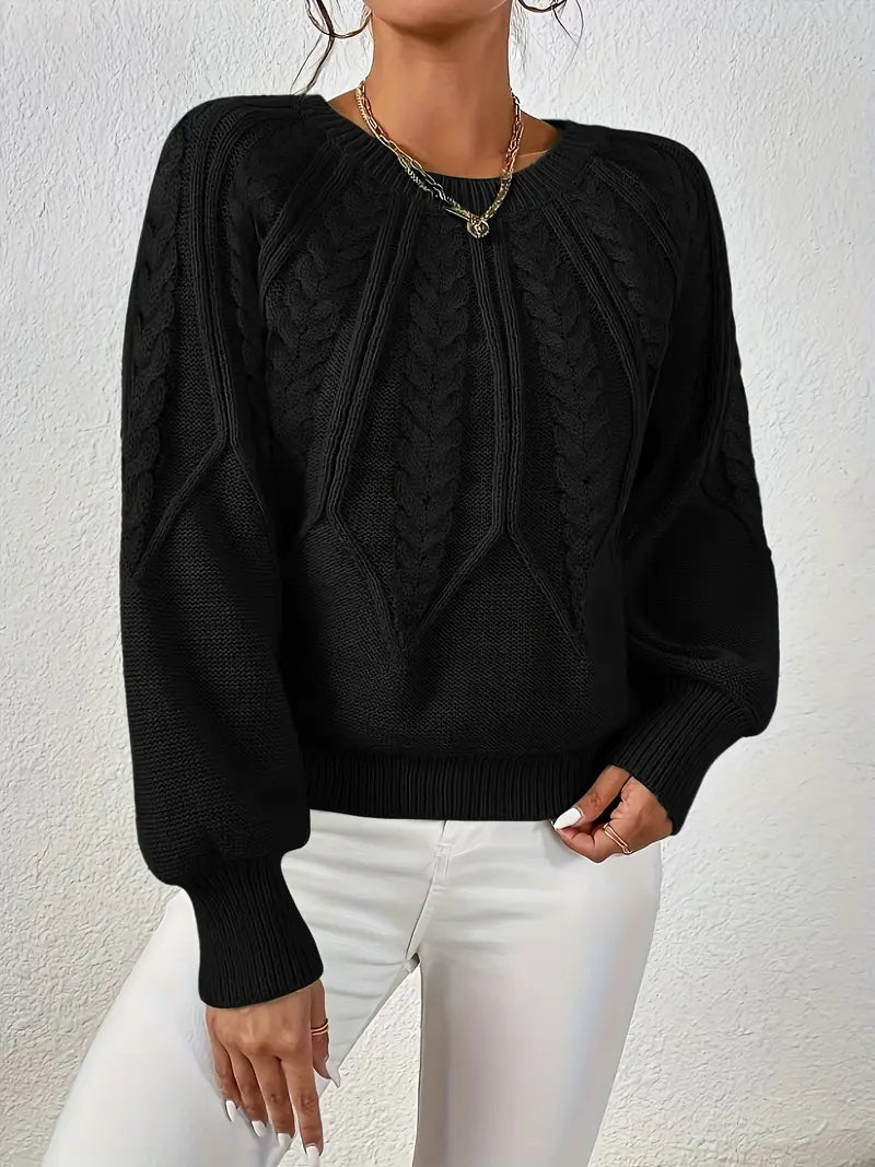 Jersey de Punto Trenzado Cómodo para Mujer con Cuello Redondo, Manga Globo y Estilo Cropped Oversize