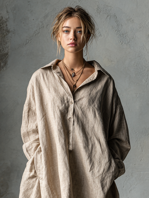 Vestido Mini a la Moda Holgado de Algodón y Lino con Solapa de Botones para Mujer