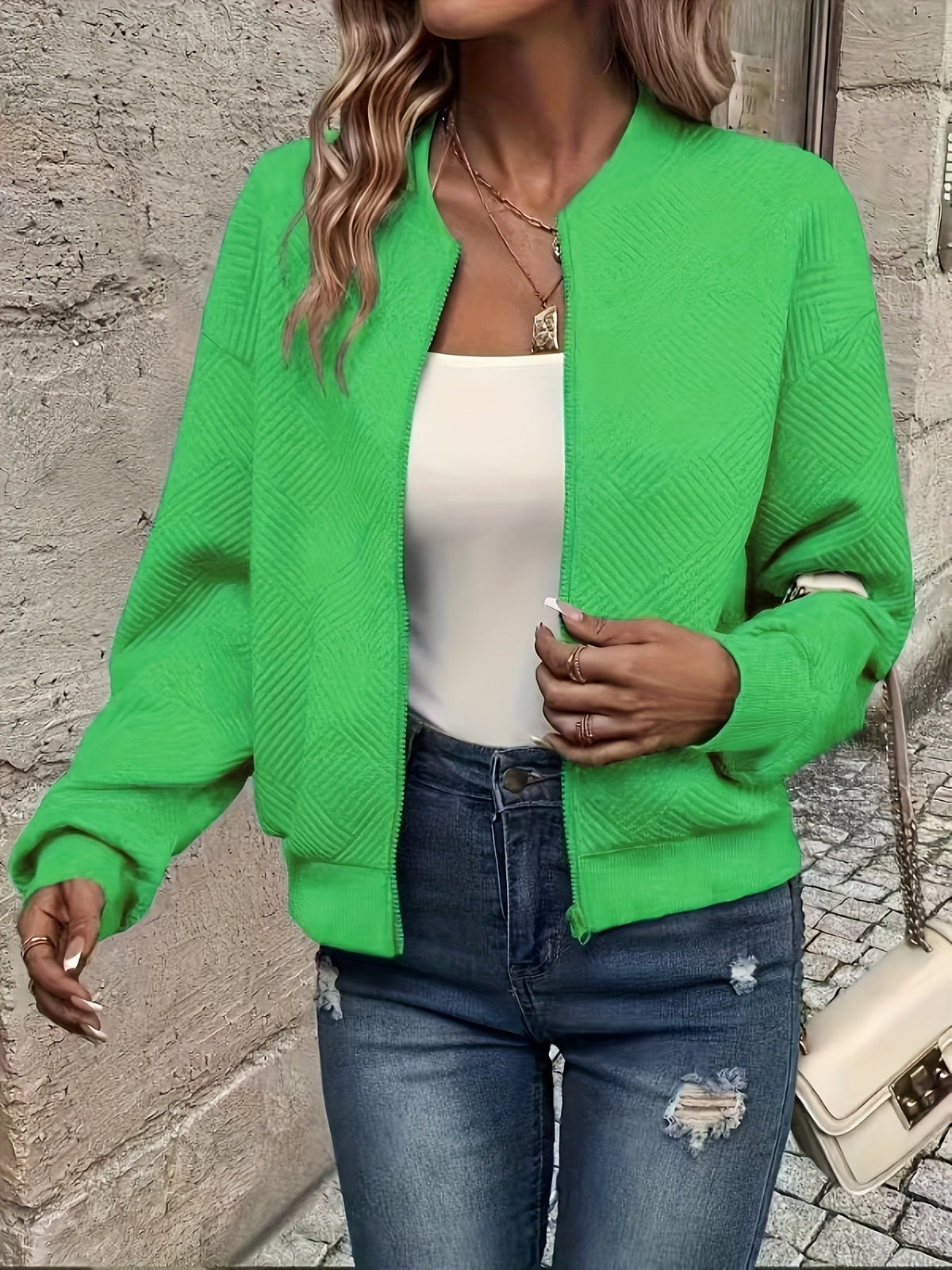 Chaqueta bomber acolchada desenfadada para mujer con cuello redondo, manga larga, cierre frontal de cremallera y estilo corto casual
