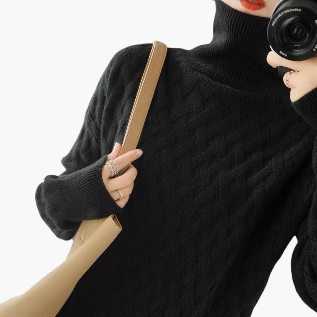 Jersey de Punto Trenzado de Cuello Alto Acogedor para Mujer con Manga Larga y Estilo Oversize Relajado