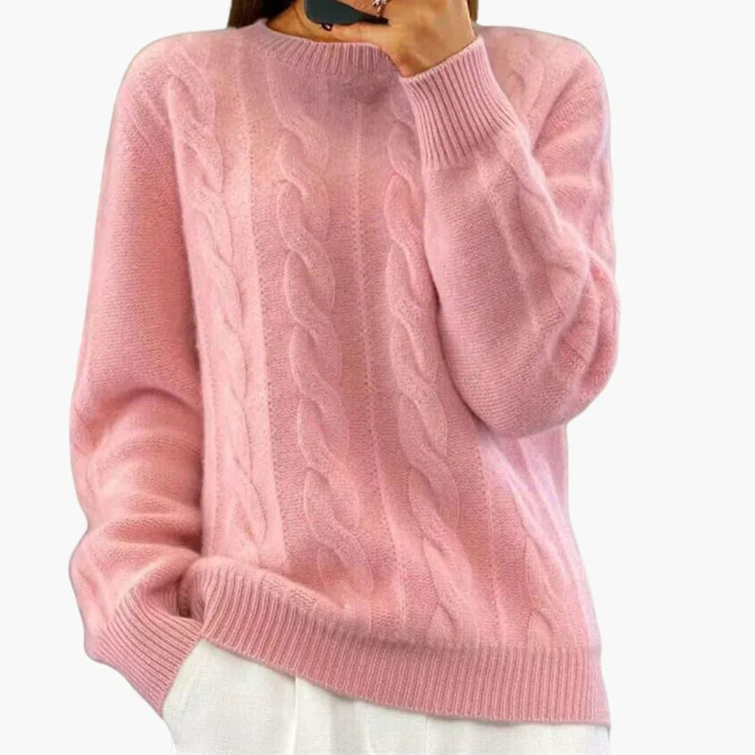 Jersey de Punto Trenzado Cómodo para Mujer con Cuello Redondo, Manga Larga y Estilo Oversize Relajado