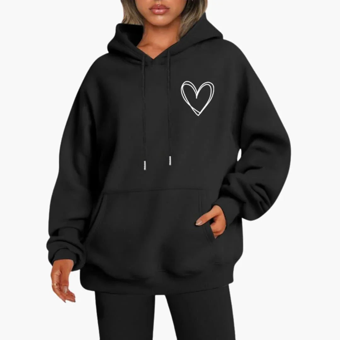Sudadera Estampada de Corazones Cómoda para Mujer con Capucha de Cordón, Manga Larga y Estilo Oversize Relajado