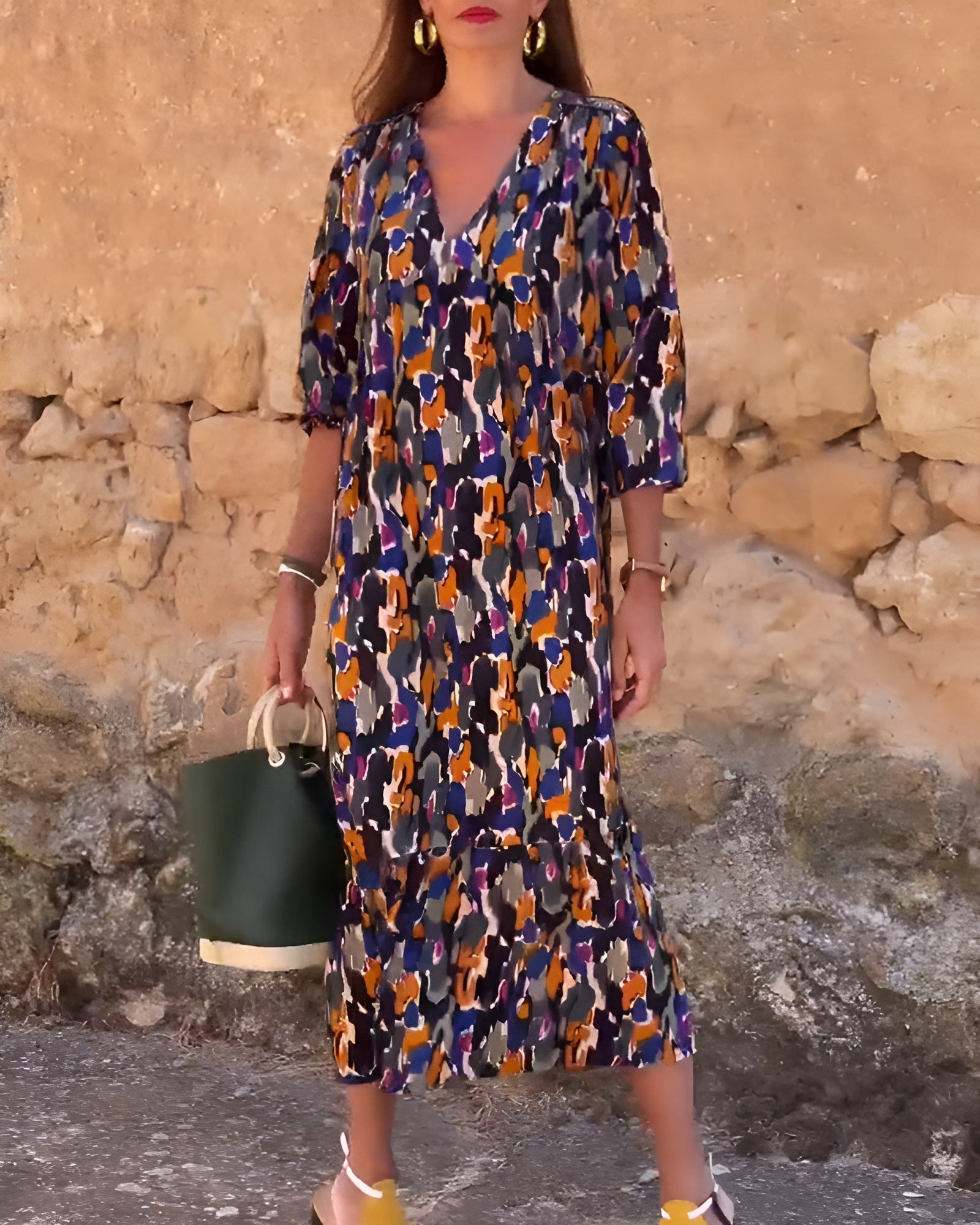 Vestido Con Cuello En V Estampado Retro Fluido