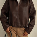 Atenea / Elegante chaqueta de cuero marrón para mujer con cuello, cierre frontal con cremallera y corte cropped