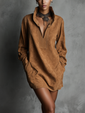 Vestido Informal de Ante Grabado con Cuello en V y Manga Larga para Mujer