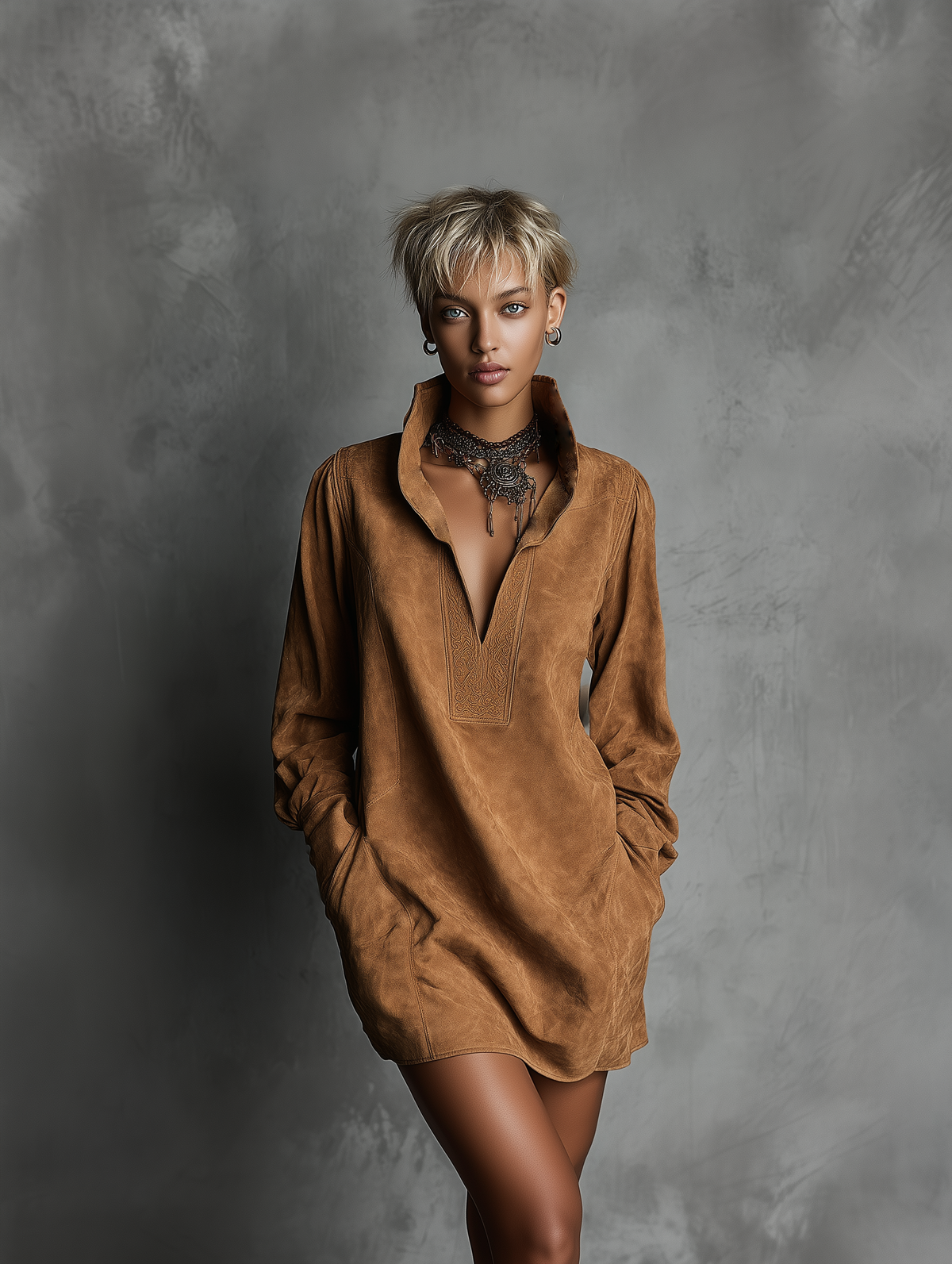 Vestido Informal de Ante Grabado con Cuello en V y Manga Larga para Mujer