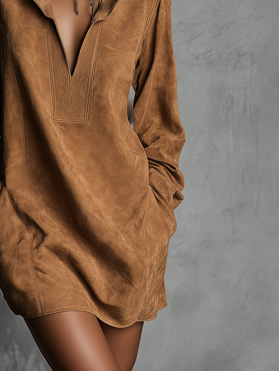 Vestido Informal de Ante Grabado con Cuello en V y Manga Larga para Mujer