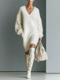 Vestido Jersey Mini Elegante de Cuello en V Blanco para Mujer
