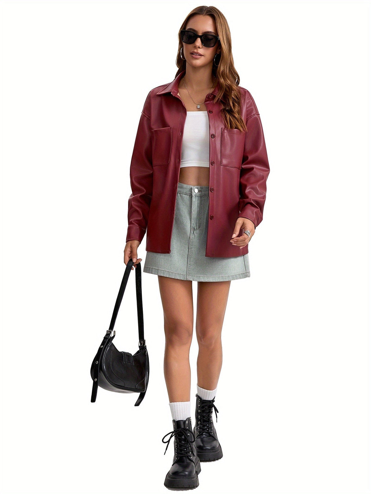 Verache / Chaqueta de cuero para mujer con botones delanteros, cuello camisero y corte oversize estilo sobrecamisa
