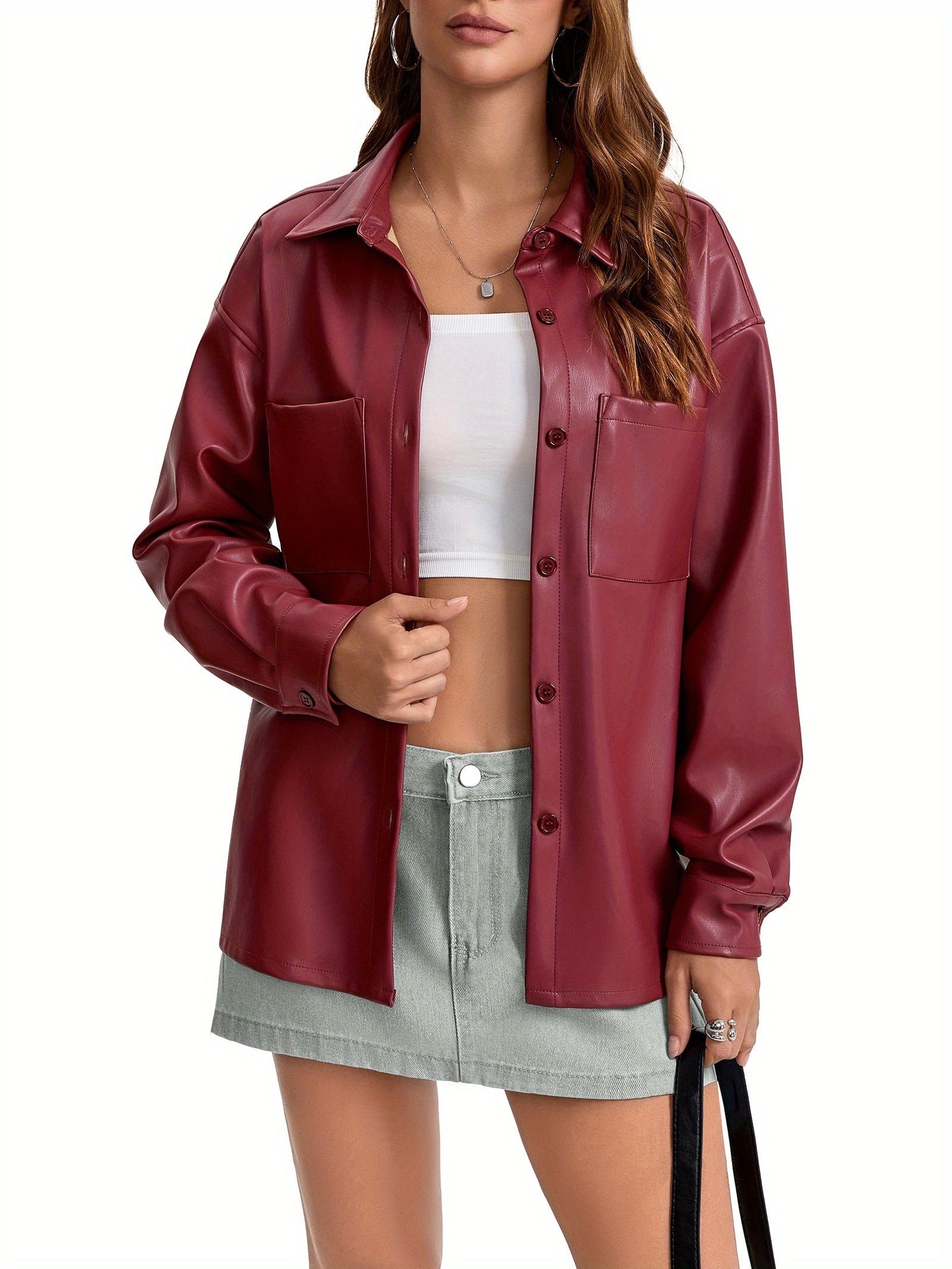 Verache / Chaqueta de cuero para mujer con botones delanteros, cuello camisero y corte oversize estilo sobrecamisa