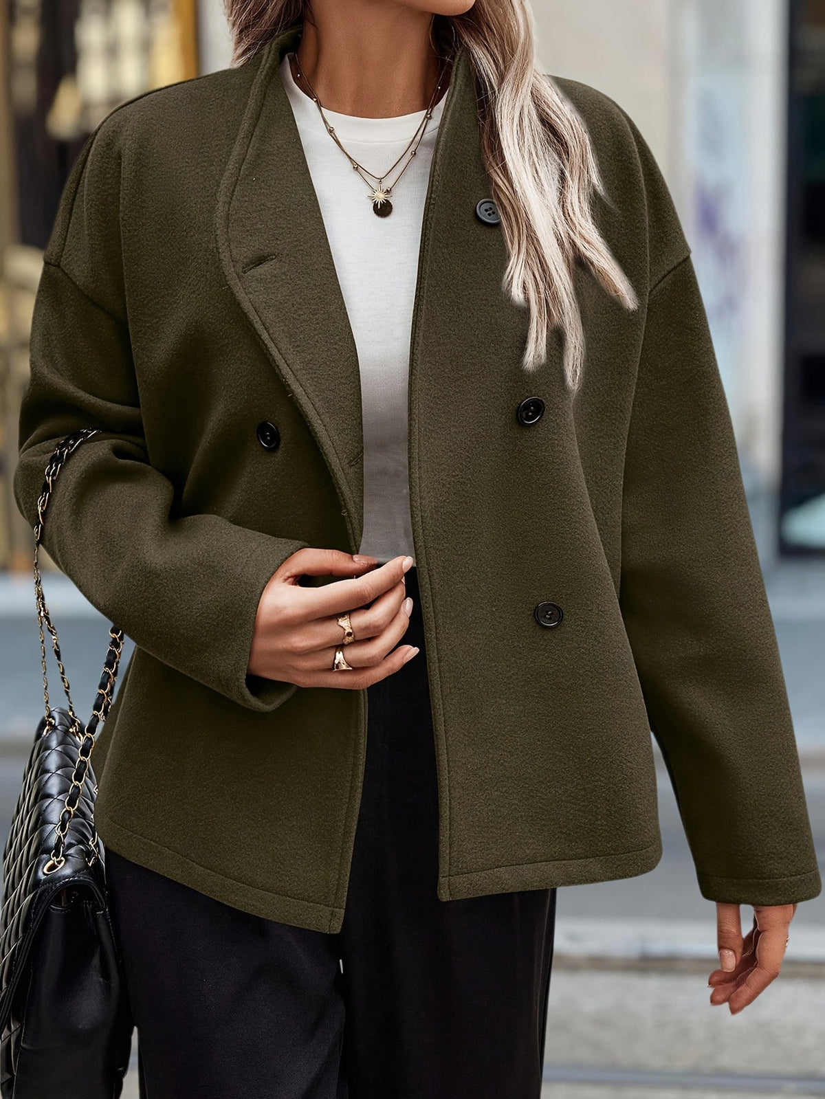 Caroline / Elegante abrigo verde oscuro para mujer con cuello alto, manga larga, cierre cruzado de doble botonadura y corte relajado