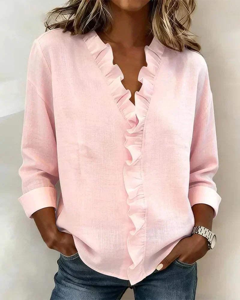 Blusa Elegante con Escote en V y Volantes Delicados