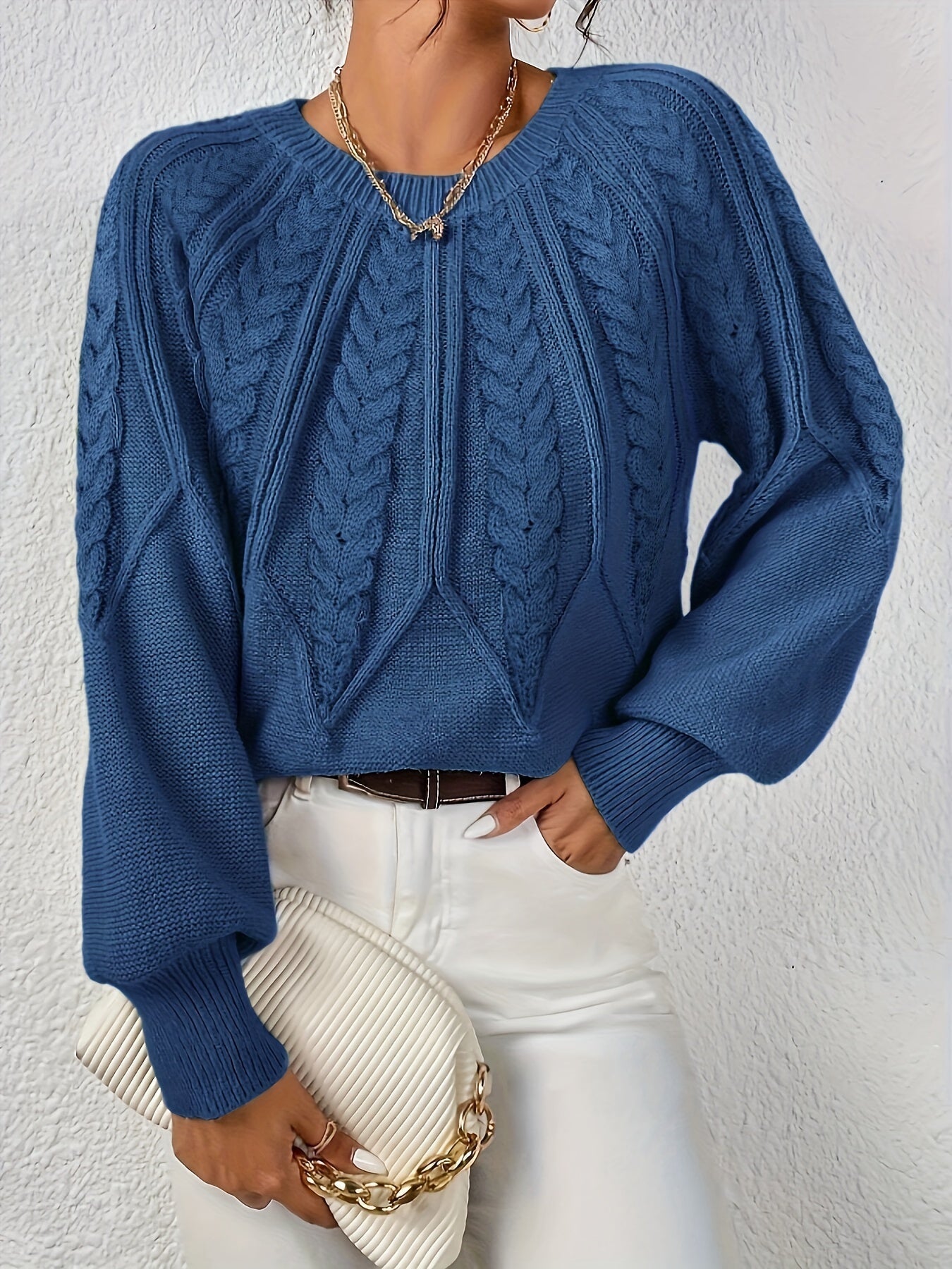 Jersey de Punto Trenzado Cómodo para Mujer con Cuello Redondo, Manga Globo y Estilo Cropped Oversize