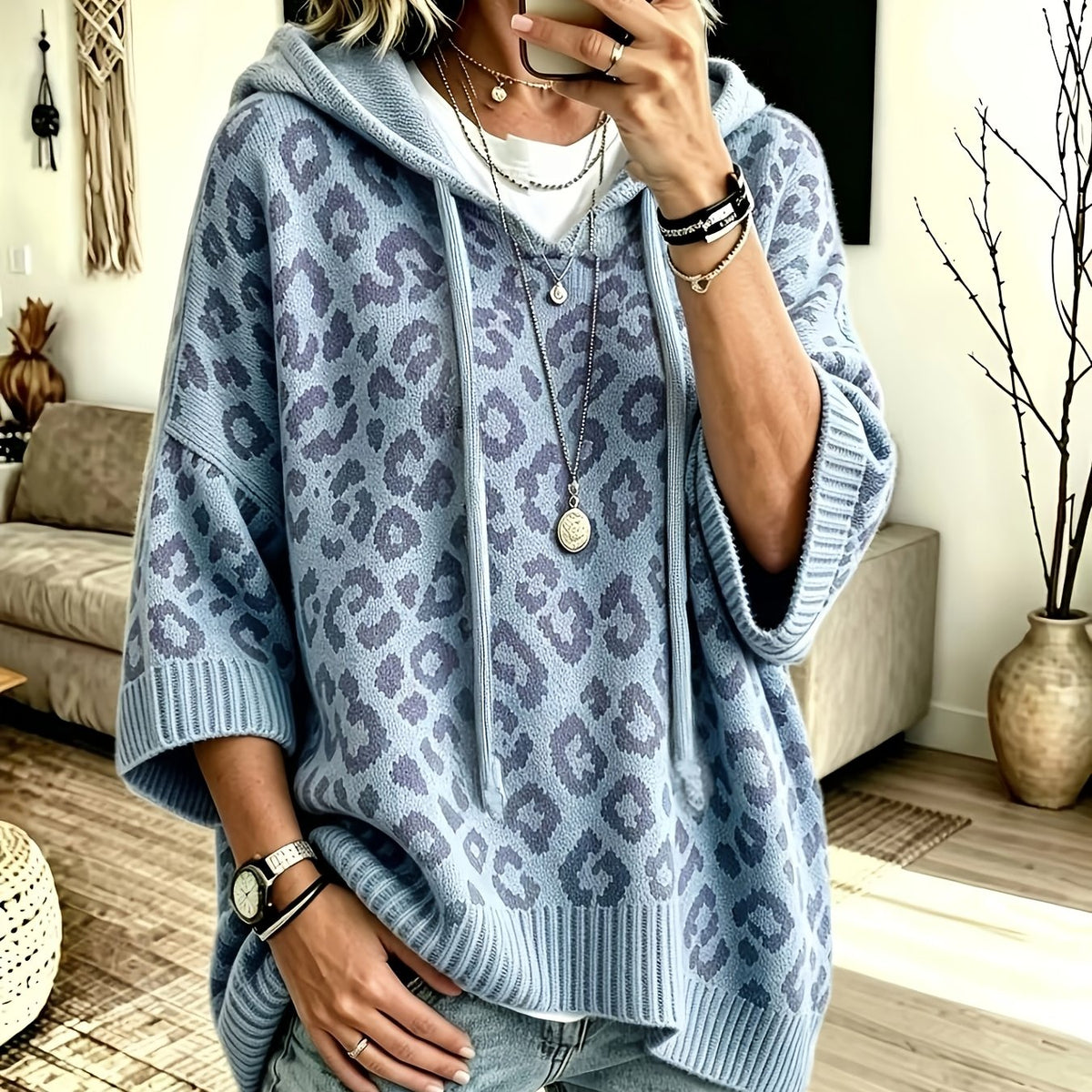 Sudadera Oversize Estampada de Leopardo Cómoda para Mujer con Cuello con Capucha, Manga Murciélago y Estilo de Punto con Cordón