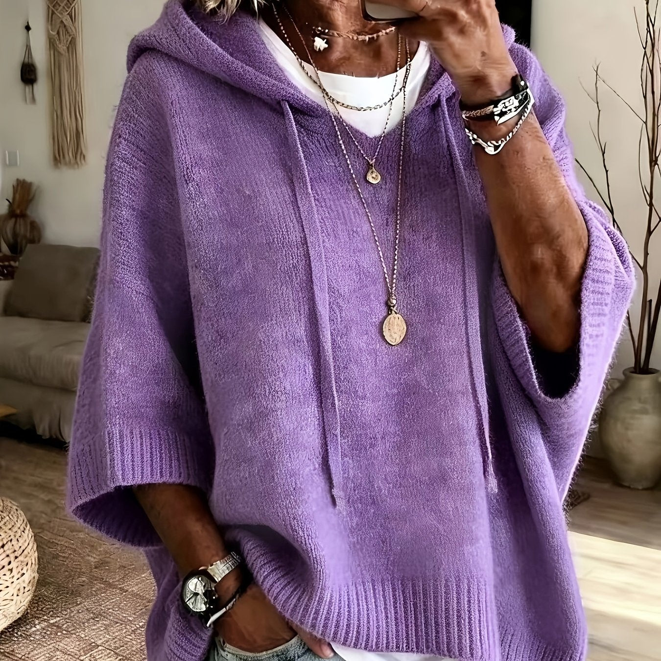Sudadera de Punto Oversize Cómoda para Mujer con Cuello con Capucha, Media Manga Murciélago y Estilo Relajado