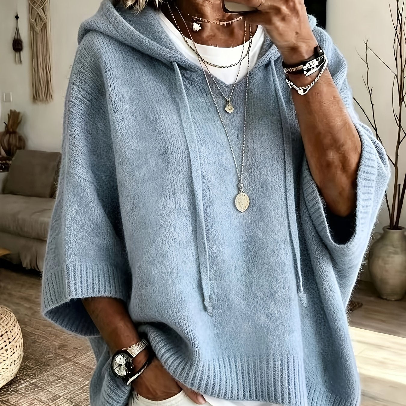 Sudadera de Punto Oversize Cómoda para Mujer con Cuello con Capucha, Media Manga Murciélago y Estilo Relajado