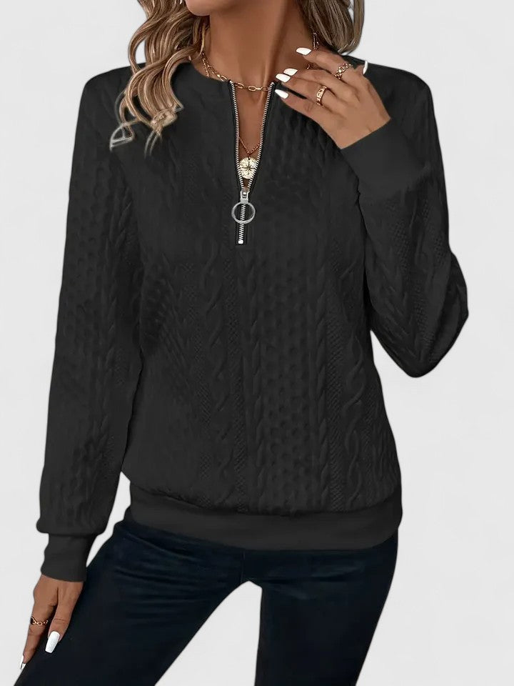 Jersey de Punto Trenzado Cómodo para Mujer con Cuello Redondo, Media Cremallera, Manga Larga y Estilo Relajado
