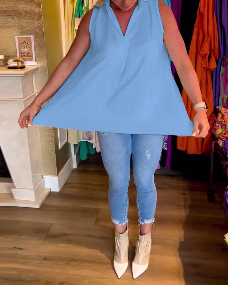 Blusa Sin Mangas Con Volantes y Cuello Solapa