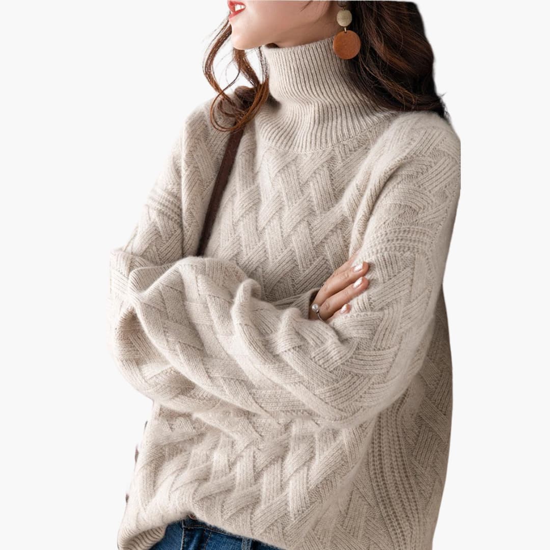 Jersey de Punto Trenzado de Cuello Alto Acogedor para Mujer con Manga Larga y Estilo Oversize Relajado