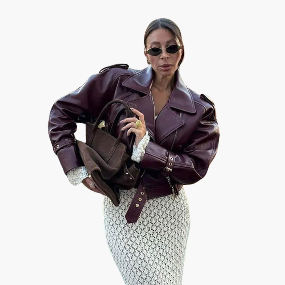 Carol/ Elegante chaqueta de cuero marrón para mujer con solapas de muesca, manga larga, corte cropped y cinturón estilo biker