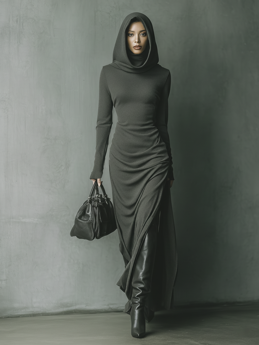 Vestido Maxi con Capucha de Punto Altamente Elástico Gris Oscuro para Mujer