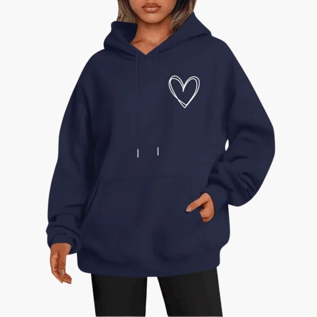 Sudadera Estampada de Corazones Cómoda para Mujer con Capucha de Cordón, Manga Larga y Estilo Oversize Relajado