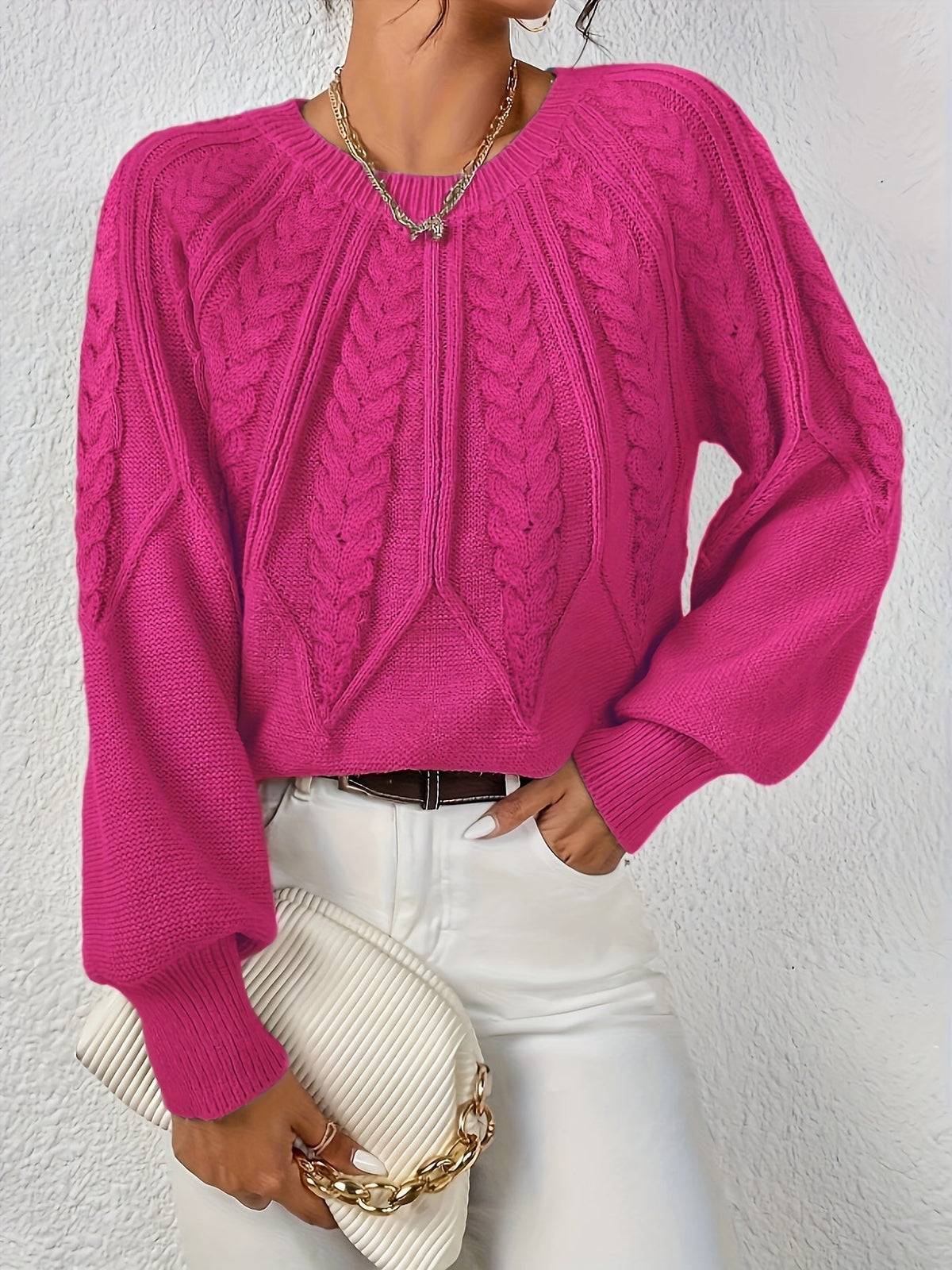 Jersey de Punto Trenzado Cómodo para Mujer con Cuello Redondo, Manga Globo y Estilo Cropped Oversize