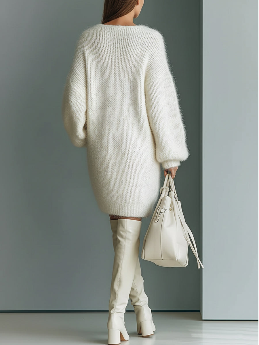 Vestido Jersey Mini Elegante de Cuello en V Blanco para Mujer