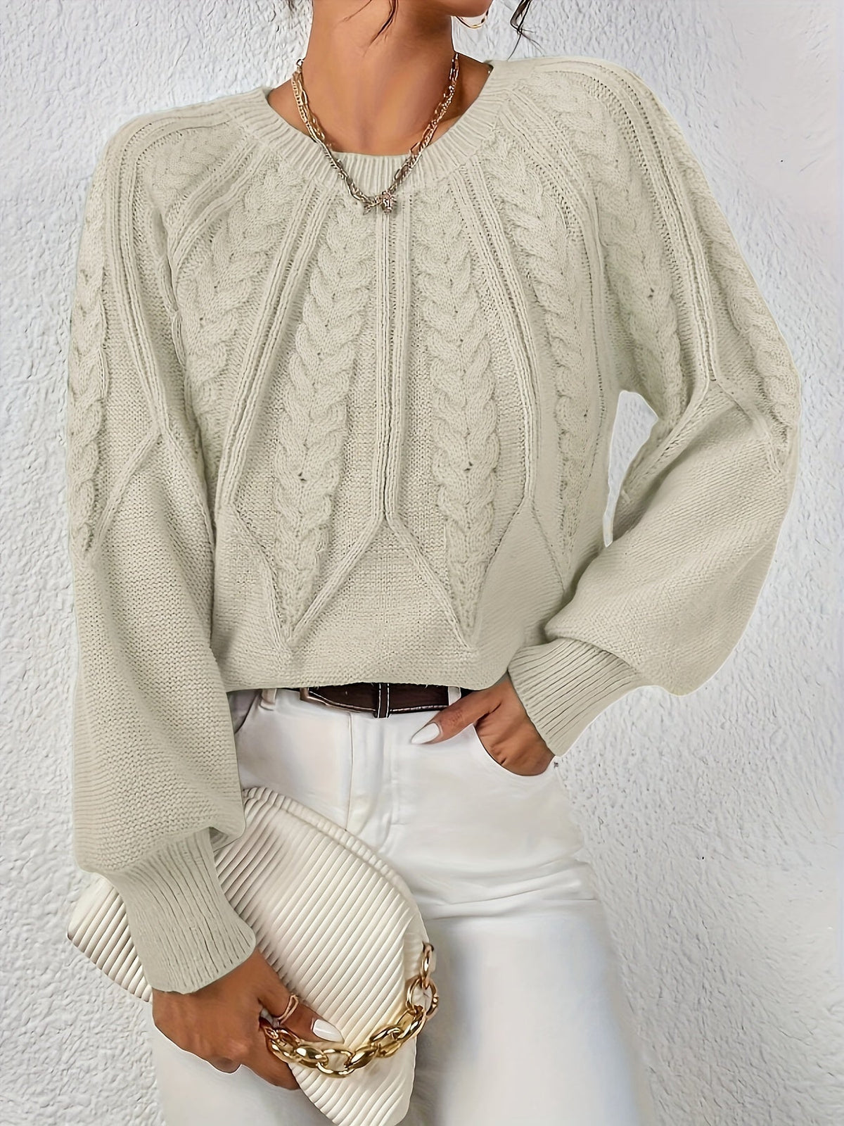 Jersey de Punto Trenzado Cómodo para Mujer con Cuello Redondo, Manga Globo y Estilo Cropped Oversize