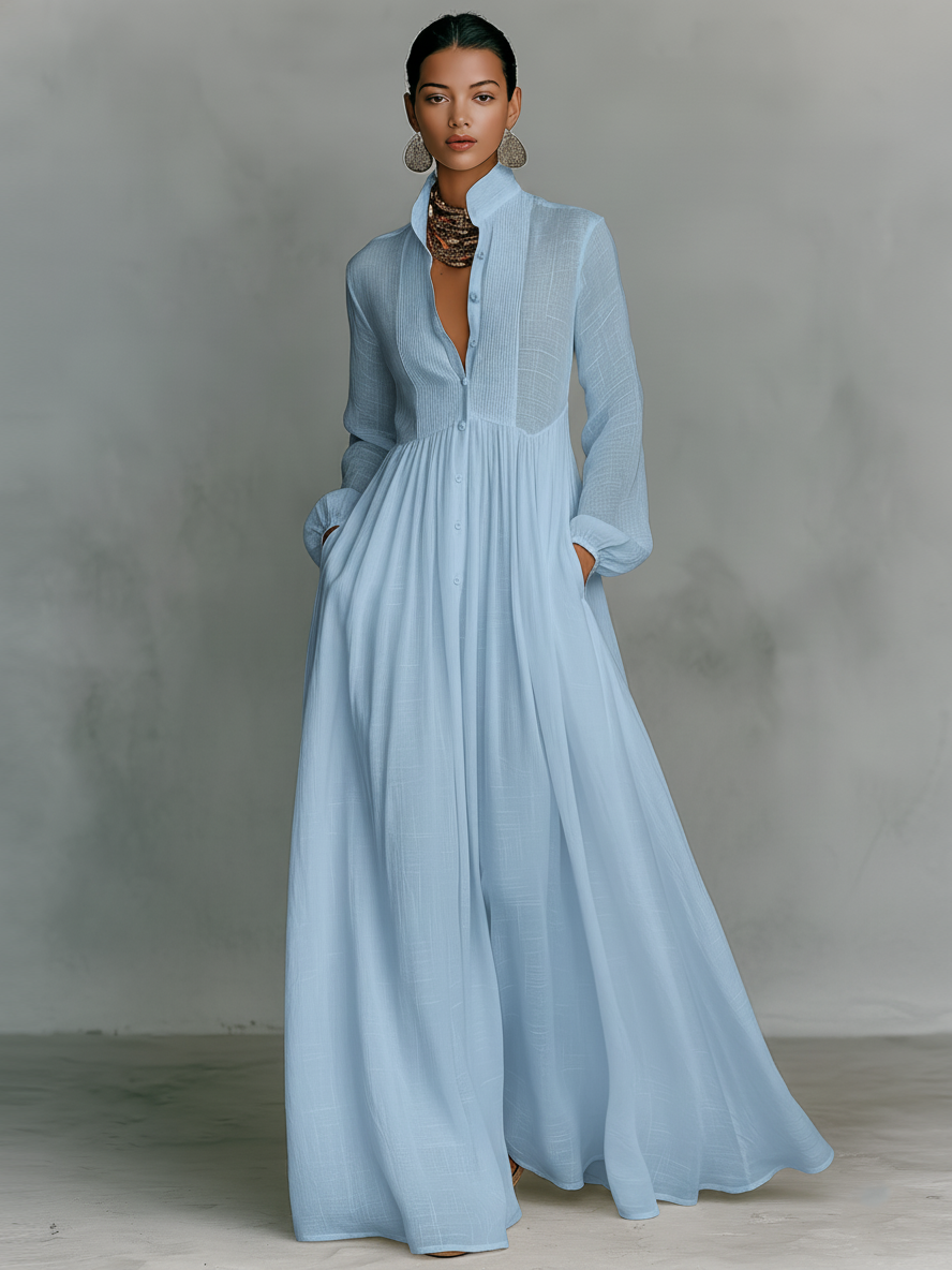 Vestido Maxi De Algodón Y Lino Con Cuello Alzado
