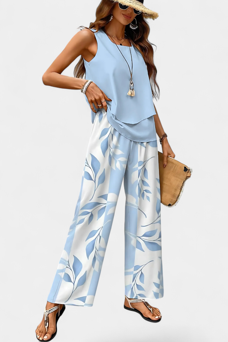 Martina Conjunto boho elegante sin mangas con pantalón recto estampado