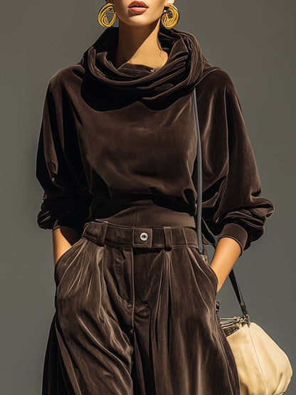 Conjunto vintage de sudadera con capucha y pantalón ancho de terciopelo marrón (incluye cinturón)