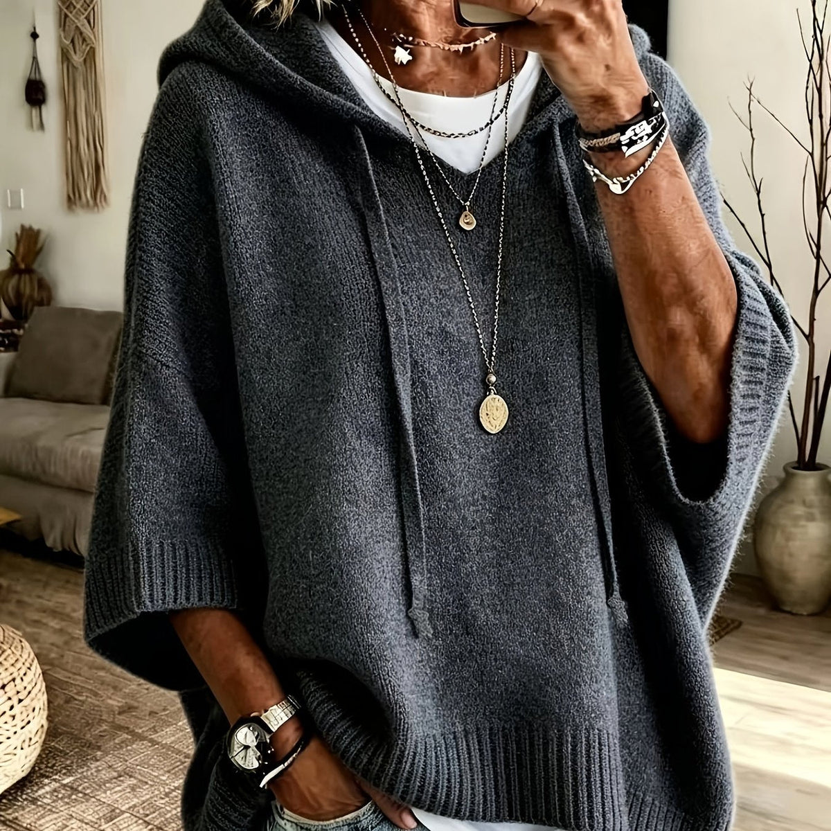 Sudadera de Punto Oversize Cómoda para Mujer con Cuello con Capucha, Media Manga Murciélago y Estilo Relajado