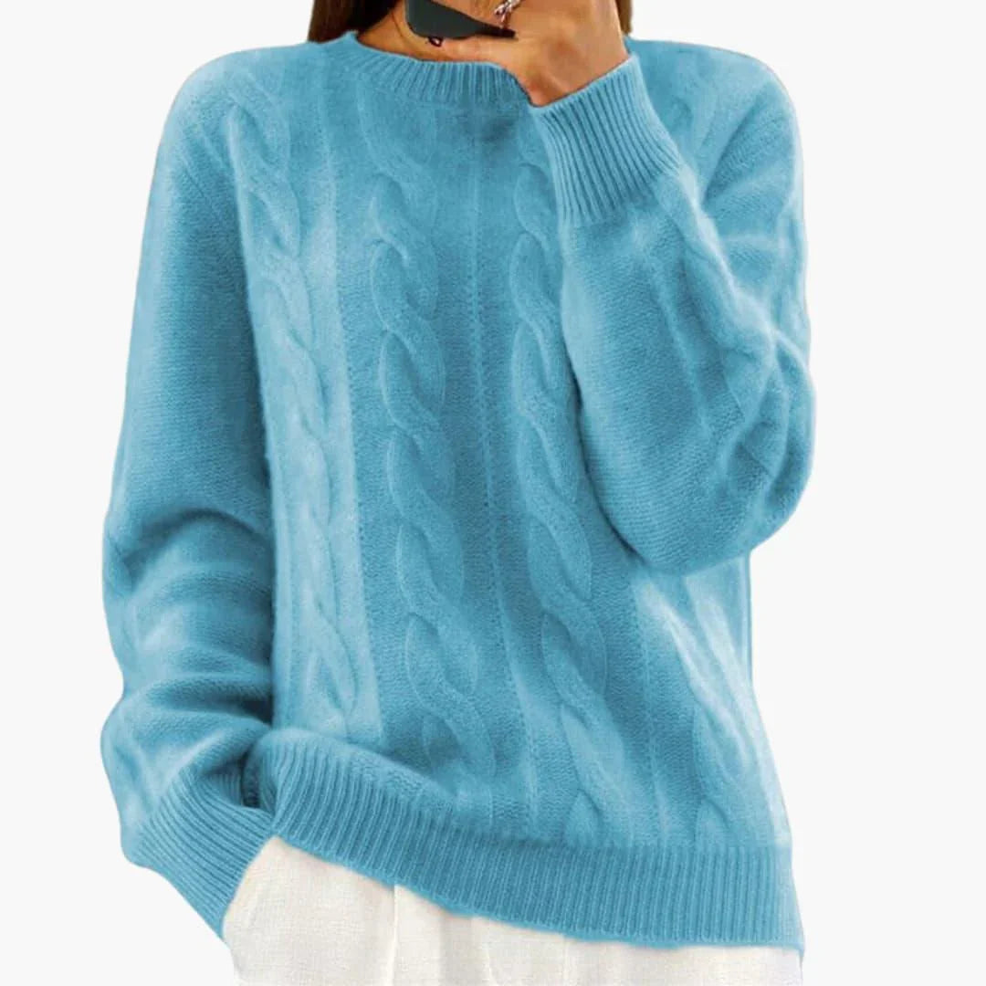 Jersey de Punto Trenzado Cómodo para Mujer con Cuello Redondo, Manga Larga y Estilo Oversize Relajado