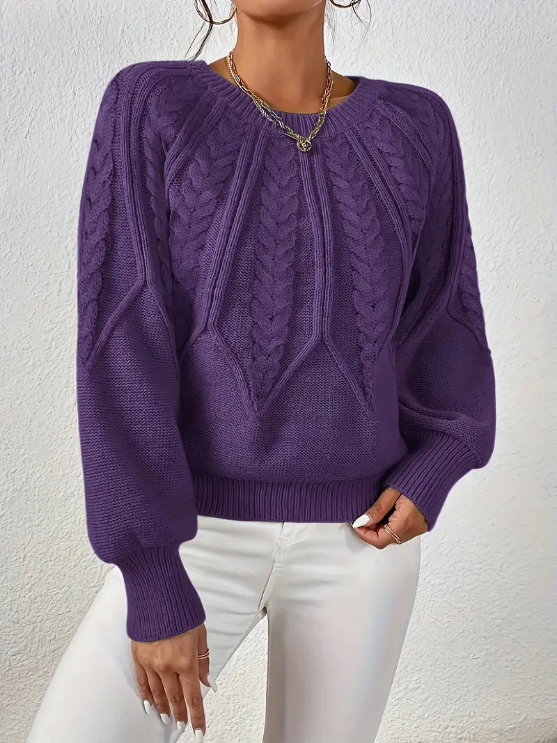 Jersey de Punto Trenzado Cómodo para Mujer con Cuello Redondo, Manga Globo y Estilo Cropped Oversize