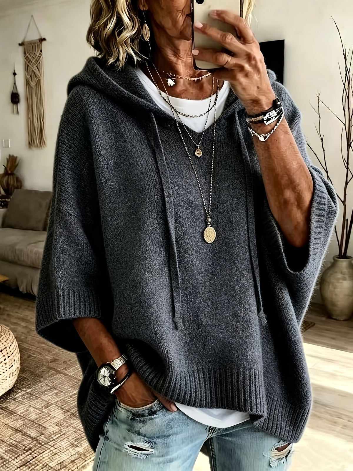 Sudadera de Punto Oversize Cómoda para Mujer con Cuello con Capucha, Media Manga Murciélago y Estilo Relajado