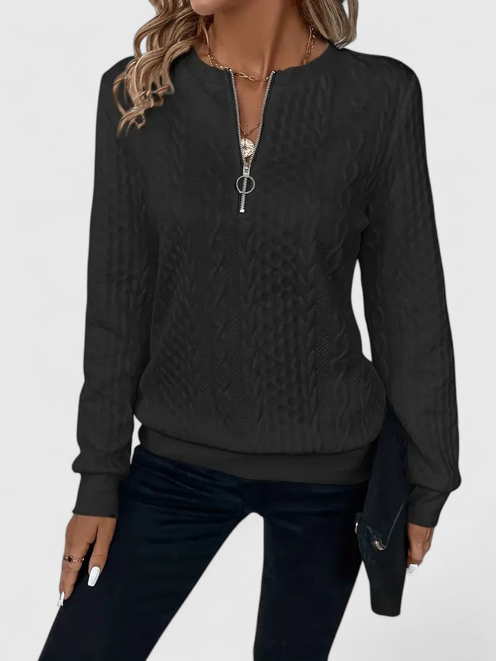 Jersey de Punto Trenzado Cómodo para Mujer con Cuello Redondo, Media Cremallera, Manga Larga y Estilo Relajado