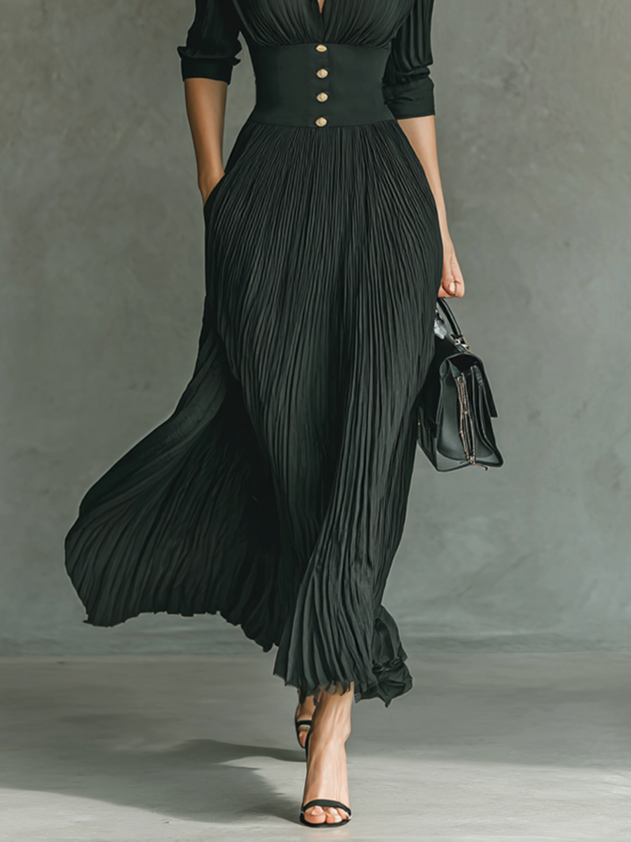 Vestido Maxi Elegante Con Cuello Solapa Y Falda Plisada