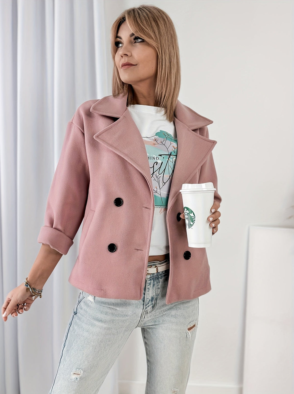 Rouse / Abrigo corto rosa para mujer con solapas de muesca, manga larga, cierre cruzado de doble botonadura y estilo casual