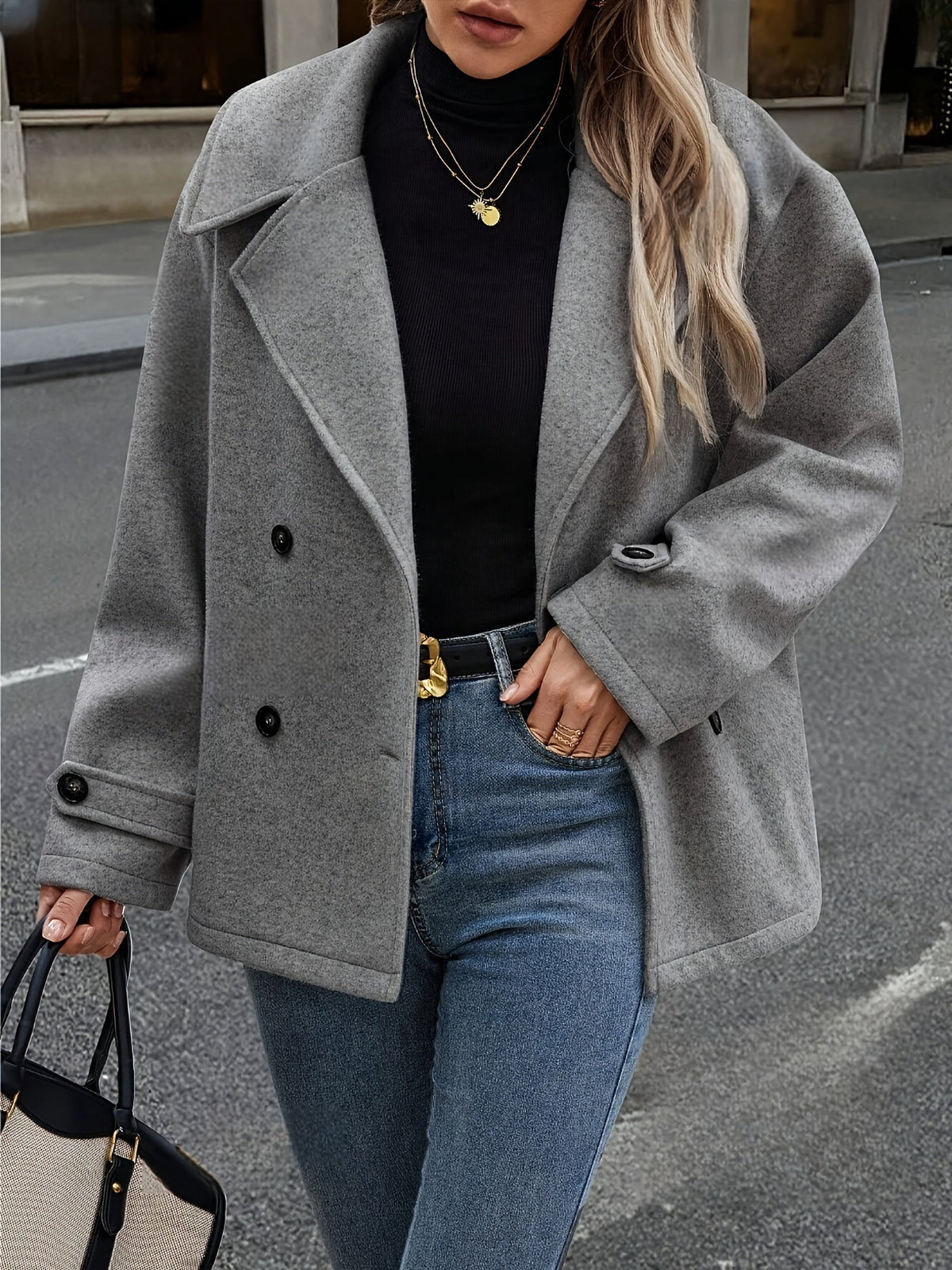Martina / Elegante abrigo de lana gris oscuro para mujer con solapas de muesca, manga larga, cierre cruzado de doble botonadura y corte oversize