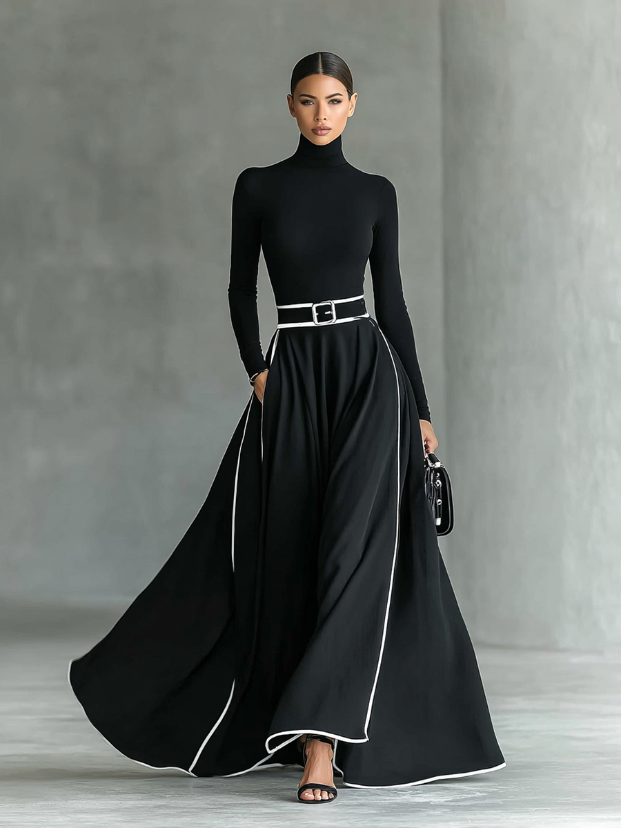 Vestido Maxi Negro Entallado con Cuello Alto Elegante