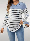 Sudadera Premamá de Rayas Cómoda para Mujer con Capucha de Cordón, Manga Larga, Bajo Curvo y Estilo Informal