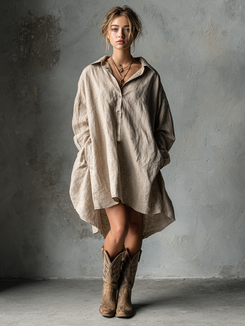 Vestido Mini a la Moda Holgado de Algodón y Lino con Solapa de Botones para Mujer